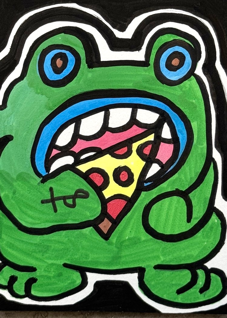 Road 8's original sketch card for Mike the Pizza Frog