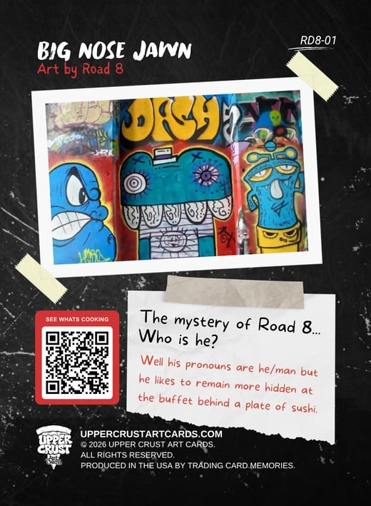 The back of Big Nose Jawn: a chalkboard back with the title, Art by Road 8, and a QR code